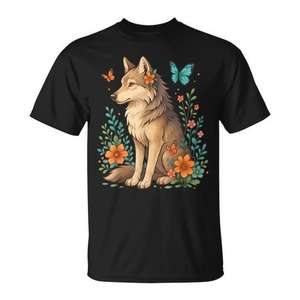 T-shirt loup floral avec papillons, forêt mystique, pour les amoureux de la nature - Product Image 1