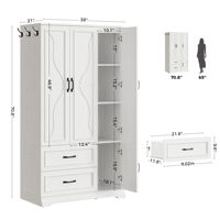 Armoire en bois moderne avec 4 portes, tiroirs, étagères et crochets latéraux - Armoire de rangement durable et écologique pour la chambre à coucher