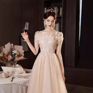 Champagne Evening Gown Square Collar A-Line Empire Waist Floral Print 3D Stereoscopic Patterns Mid Length Banquet Dress - Product Image 1