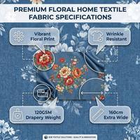 Tissu tissé imprimé floral aspect denim en sergé 100 % polyester, largeur 160 cm, résistant aux plis, poids moyen 120 GSM, vente en gros