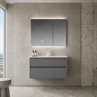 Armoire de salle de bain à double porte avec miroir intelligent anti-buée, interrupteur tactile et éclairage intégré, en contreplaqué gris, ensemble mural pour salle de bain