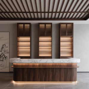 Le nouveau <span class=keywords><strong>comptoir</strong></span> de bar en bois de <span class=keywords><strong>noyer</strong></span> pour maison de thé de style chinois, <span class=keywords><strong>comptoir</strong></span> de caisse de restaurant en marbre personnalisé - Product Image 4