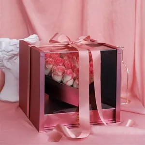 Toptan temizle sevgililer gül hediye kutusu dikdörtgen pencere çekmece buket cajas para flores y amor çiçek kutusu