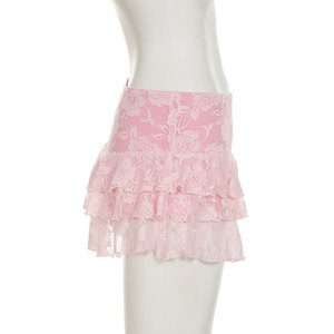 OEM Custom Summer Sweet Pink Stretch <strong>Pleated</strong> Low Waist Skorts Slim Fit Layered Floral Lace Mini <strong>Skirts</strong> with Inner <strong>Shorts</strong> - Product Image 2