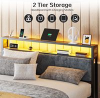 Lit plateforme vintage pleine taille avec tête de lit en métal, rangement à 2 niveaux, anti-grincement, éclairage LED et station de charge intégrée