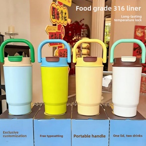 New High Color Value 316 Stainless Steel <b>Thermos</b> Cup Double Straw Vacuum Insulation Large Capacity Outdoor Handle Customization - Product Image 3
