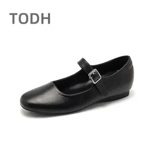 Women's Black Leather Flat Office Shoes Thick Heel Soft Anti-Slip Anti-Slippery Breathable Sole Autumn/Winter Working