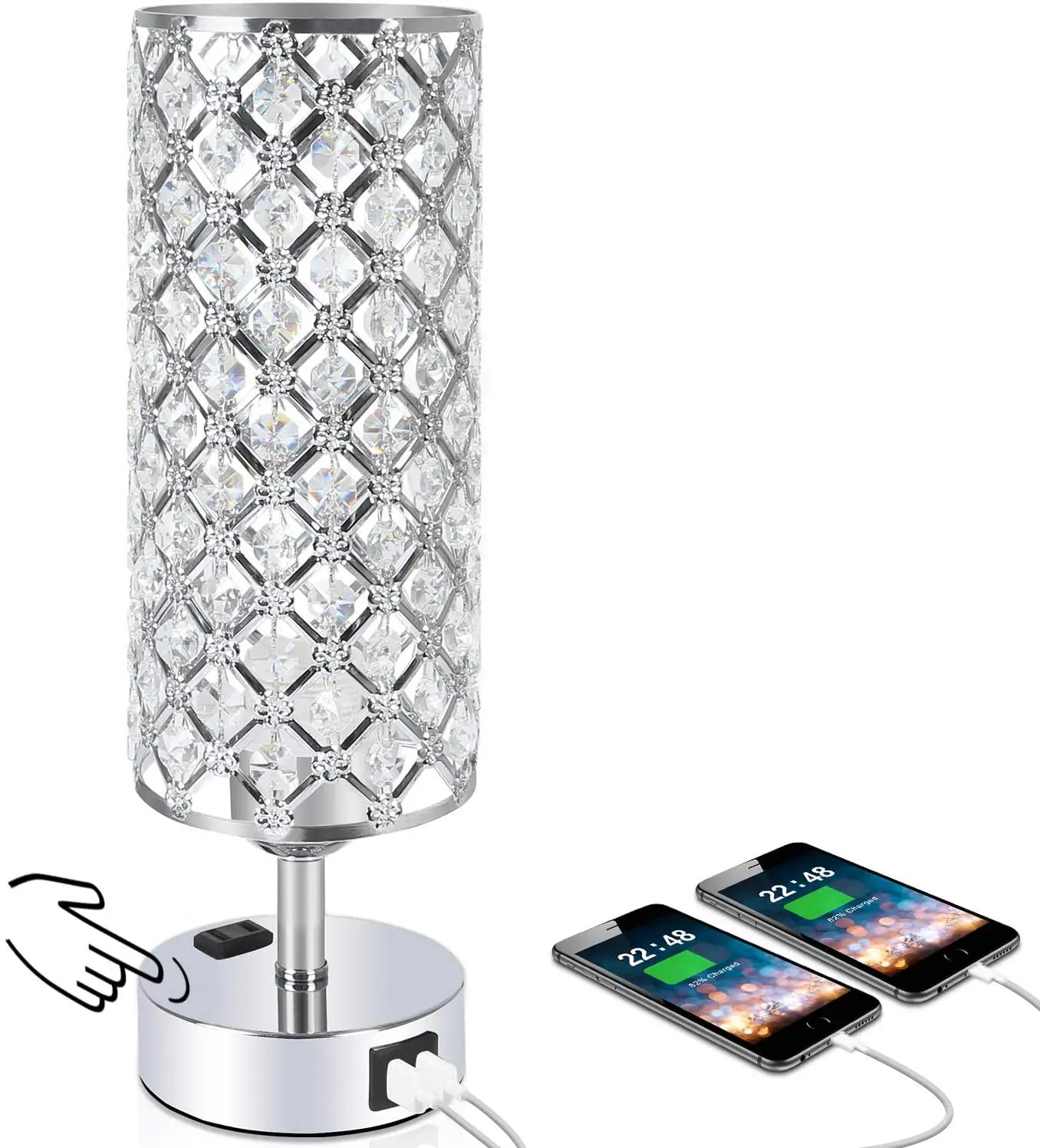 Dual USB Charging Ports 3-Way Dimmable K9 Crystal Bedside Lamp 3-Way Dimmable Nightstand Lamp Touch Control Crystal Table Lamp