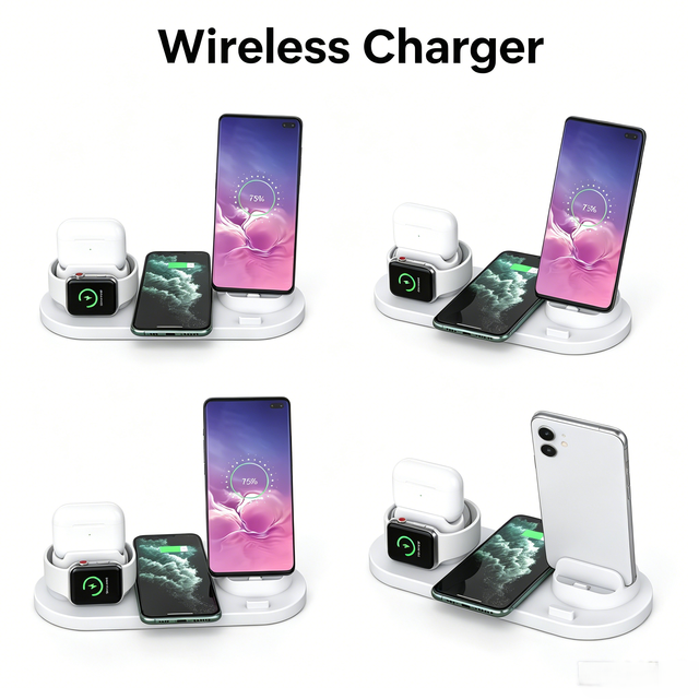Vertical 6-in-1 Multi-function 15W Wireless Charging Station with Holder for Phones Watches Earbuds
