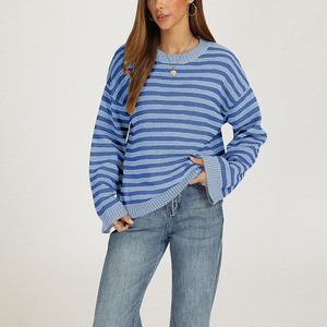 <span class=keywords><strong>Pull</strong></span> en tricot rayé horizontal pour <span class=keywords><strong>femme</strong></span>, col rond, coupe oversize, épaules tombantes, manches longues, <span class=keywords><strong>pull</strong></span> décontracté, broderie personnalisée - Product Image 3