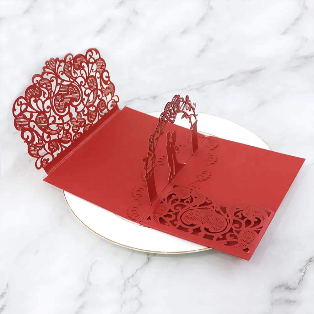 Custom Luxe Ontwerp Laser Gesneden Rode Papier 3d Huwelijksuitnodiging Wenskaart Met Envelop