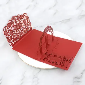 Tarjeta de felicitación de invitación de boda 3d, papel rojo cortado con láser, diseño de lujo personalizado, con sobre