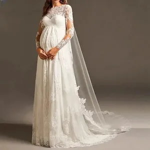 Chic dentelle manches longues robes de mariée pour la maternité enceintes mariées pure cou dos nu Boho robes de mariée Vestidos grande taille