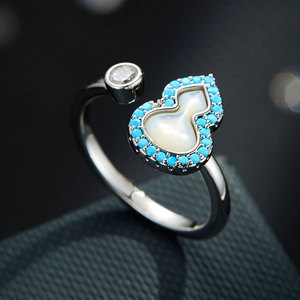 Chinese Style Gourd Shaped Open Ring Turquoise Trim Adjustable Index Finger Band Unisex Jewelry Gift - Product Image 1