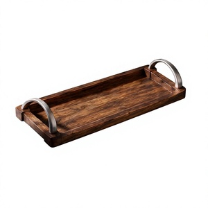 Plateau de service rectangulaire en bois de manguier finition noyer, robuste, avec rebord surélevé et poignées métalliques - Product Image 1