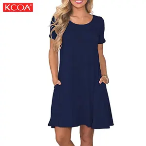 새로운 도착 면 일반 색상 여성 의류 라운드 넥 짧은 소매 캐주얼 저렴한 플러스 사이즈 여성 드레스