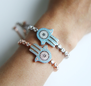 <span class=keywords><strong>Hamsa</strong></span> con tachuelas de diamantes de imitación con mal de ojo de la suerte pulsera de cordón chapada en oro - Product Image 1