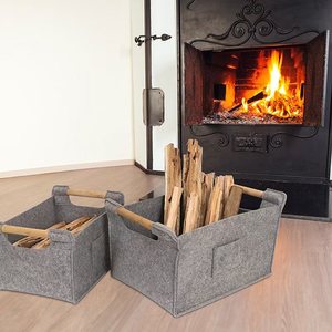 Cesto Porta Legna <span class=keywords><strong>in</strong></span> Feltro Grigio Riutilizzabile con Manici <span class=keywords><strong>in</strong></span> <span class=keywords><strong>Legno</strong></span>, Design Ecologico e Durevole per Legna da Ardere e Giornali - Product Image 3