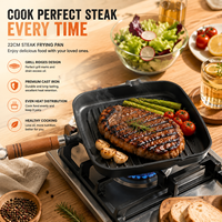 Poêle à griller carrée en fonte côtelée avec poignée en bois, antiadhésive, pour steak, avec bec verseur, pour barbecue, cuisine domestique et camping