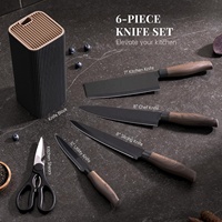 Ensemble de 6 couteaux de cuisine ultra-affûtés en acier inoxydable, manche en plastique imitation bois, couteaux utilitaires de cuisine avec support