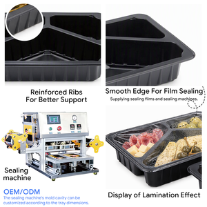 Barquette en plastique jetable noire en PP à 3 compartiments avec logo personnalisé pour viande, volaille et aliments surgelés en supermarché - Product Image 3