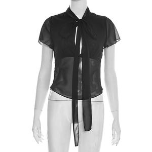 Viviblook Y26TP030 Camiseta de verano para mujer, nueva camiseta corta con cordones y mangas con lazo y patchwork para mujer - Product Image 6