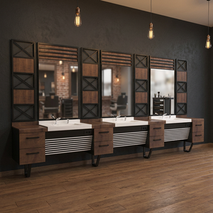 Estación de Espejo de Barbería Ajustable de Madera Real Moderna y Lujosa, con Estructura Metálica Elegante y Duradera para Barbería o Taller - Product Image 3