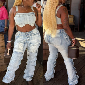 BH1555 Jeans Dritti da Donna Traspiranti con Multi-Tasche, Dettaglio <span class=keywords><strong>Bottoni</strong></span>, Casual Estivi, Nuovi <span class=keywords><strong>Pantaloni</strong></span> Vintage alla Moda <span class=keywords><strong>Senza</strong></span> Top - Product Image 1