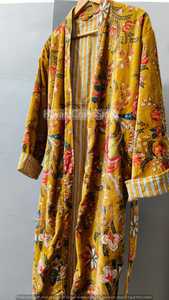 Robe kimono élégante en velours imprimé floral jaune, longue, à nouer, pour l'extérieur, toutes saisons, pour femme - Product Image 3