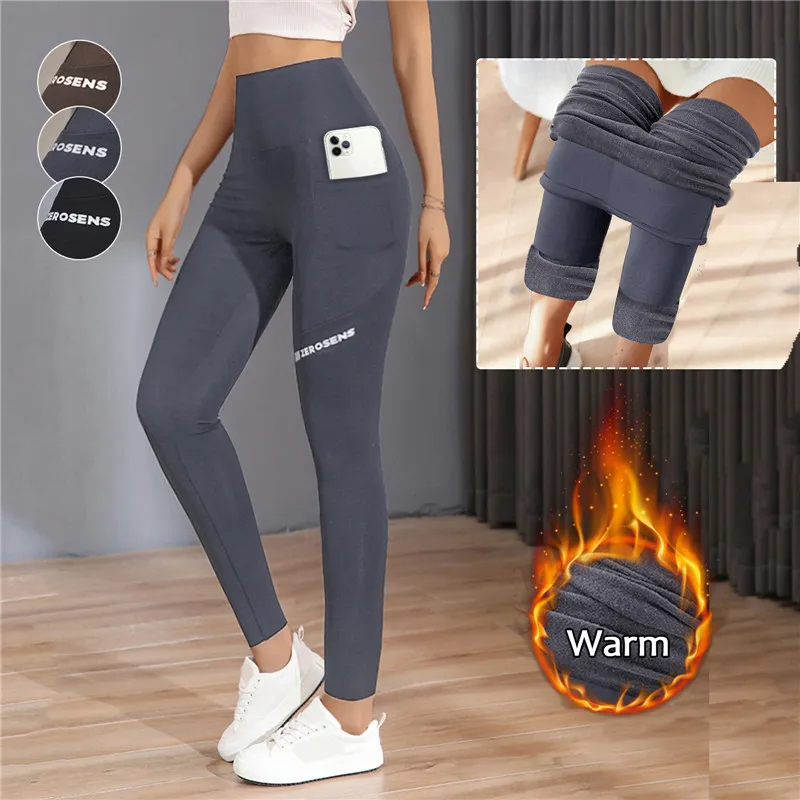 Autumn Winter Warm Leggings Women Thermal Sports Tightsthicken Fleece Gym Workout Pants Yoga Trousers with Pocket Fitness Wear