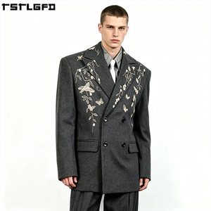 Cut And <b>Sew</b> Floral Embroidery Suit <b>Set</b> Gray Double Breasted Blazer Men'S Outerwear <b>Sets</b> Clothing Manufacturers Bulk - Product Image 1