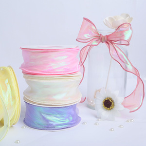 Ruban en organza holographique irisé à bord ondulé, ruban voile transparent en rouleau, vente en gros pour bouquet de mariage, emballage de boîte cadeau - Product Image 1