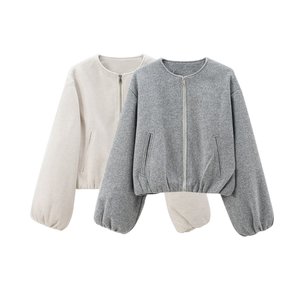 Vente en gros de vêtements pour femmes printemps automne fermeture éclair poignets intérieurs élastiques col rond manches lanterne veste souple basique polyvalente - Product Image 2