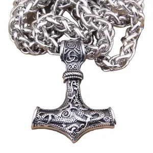 Colar de martelo lobo 316l, thor martelo, mjolnir viking, amuleto, joias nórdicas com corrente de aço inoxidável