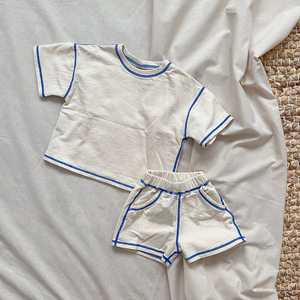 HT23D107035 Nouvelle Collection Été Mode Bébé Garçon Ensemble 2 Pièces T-shirt Bleu Beige Côtelé et Short - Product Image 4