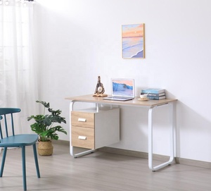 <span class=keywords><strong>Escritorio</strong></span> moderno de madera para ordenador con <span class=keywords><strong>dos</strong></span> <span class=keywords><strong>cajones</strong></span> y Marco de metal blanco para sala de estudio de oficina en casa - Product Image 1