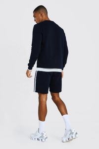 Conjunto de 2 piezas de pantalones cortos para hombre, conjunto liso para trotar, 100% de lana, azul marino, conjuntos dobles, venta al por mayor - Product Image 2