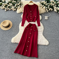 Ensemble élégant de cardigan en tricot à col en V et jupe midi taille haute pour femmes, automne-hiver
