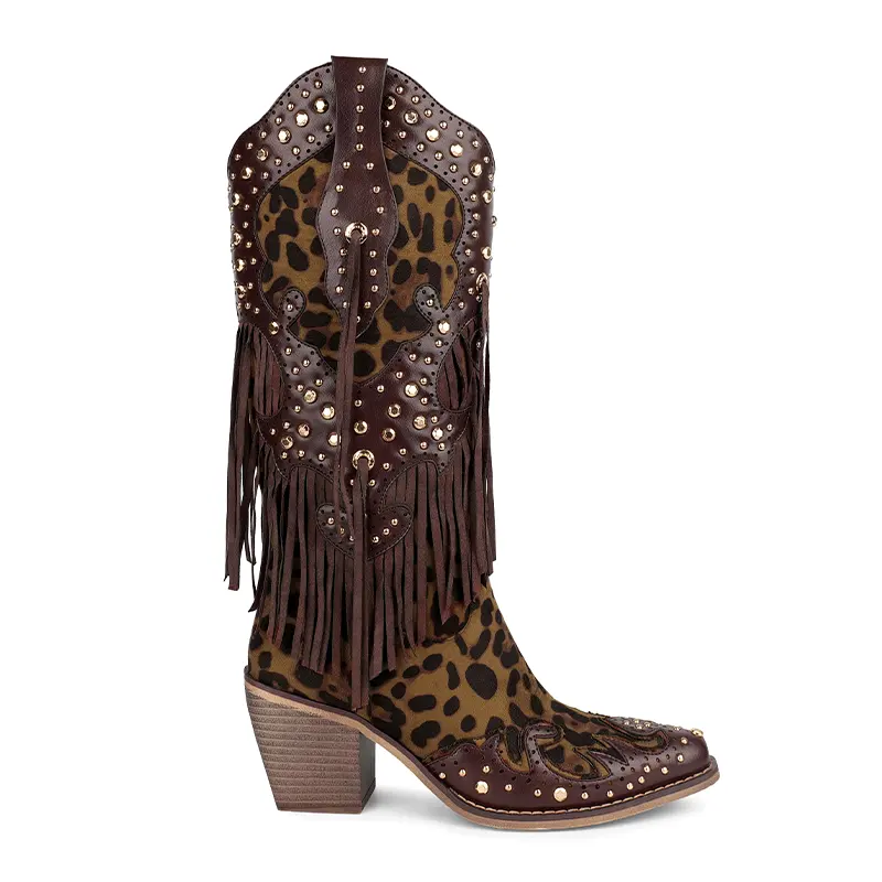 Wetkiss Custom Trendy Hakken Schoenen Sexy Luipaard Knie Hoge Laarzen Coole Klinknagels Cowgirl Laarzen Franje Cowboylaarzen Met Kwastje