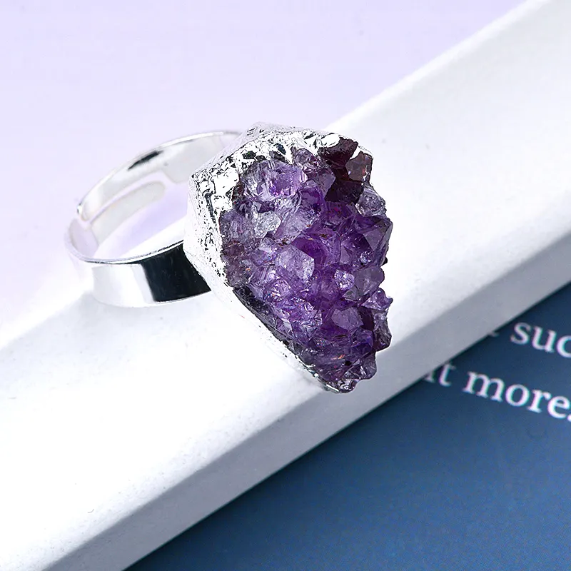 Stone Ring Geode Cluster Ring Adjustable Natural Gemstone Adjustable Crystal Stone Rock Geode Amethyst Druzy Ring