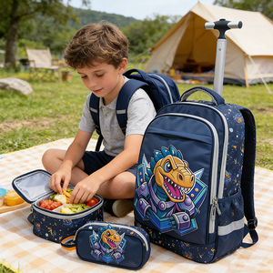 Sac à dos à roulettes personnalisé pour garçons, motif dinosaure bleu, ensemble de 3 pièces, grands sacs à roulettes pour étudiants, sac à dos scolaire pour enfants 18 pouces - Product Image 1