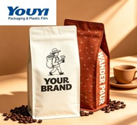 Sac à fond plat pour café mat 250g 500g 1kg avec côtés à soufflets et design imprimé personnalisé pour l'emballage du café
