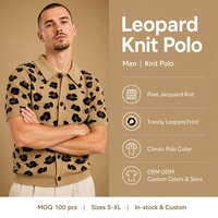 Cardigan en tricot à col cranté pour homme, motif léopard kaki, manches courtes, polyester, style décontracté urbain, printemps-été, personnalisable OEM & ODM