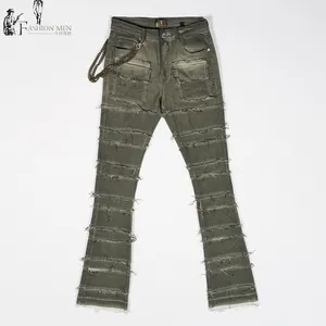 Multi-layered Pleated Chain Casual Stretch Denim Stacked Jeans For Men
