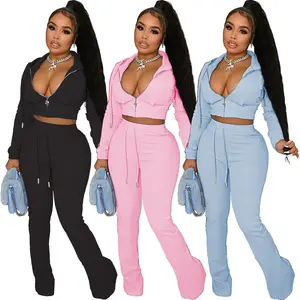 2024 European and American women's fashion solid color pocket zippered hood tie up casual coat flared pants two-piece set