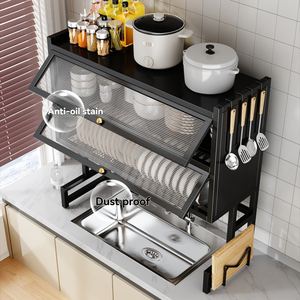 Scolapiatti da <span class=keywords><strong>Cucina</strong></span> <span class=keywords><strong>Salvaspazio</strong></span> a Doppio Strato con Coperchio Antipolvere e Antigoccia, Porta Pentole Superiore e Ganci Laterali per Utensili - Product Image 2