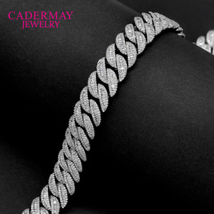 Cadermay Jewelry Cuban Chain Bracelet 15mm S925 Silver Moissanite Inlaid Micro Pave Geometric Design Everyday Wear - Product Image 2