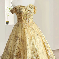 Nouvelles robes de Quinceañera dorées, appliques en dentelle, perles, épaules dénudées, robes de soirée moelleuses, robes de bal de fin d'année, robes de soirée personnalisées