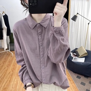 Women's Cotton Linen Shirt Long Sleeve Loose Fit Lace Trim Retro Style Everyday Wear Purple White Pink Bean Green - Product Image 1