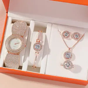 Lüks İzle takı seti su elmas beş parçalı Set hediye kutusu moda kadın Quartz saat